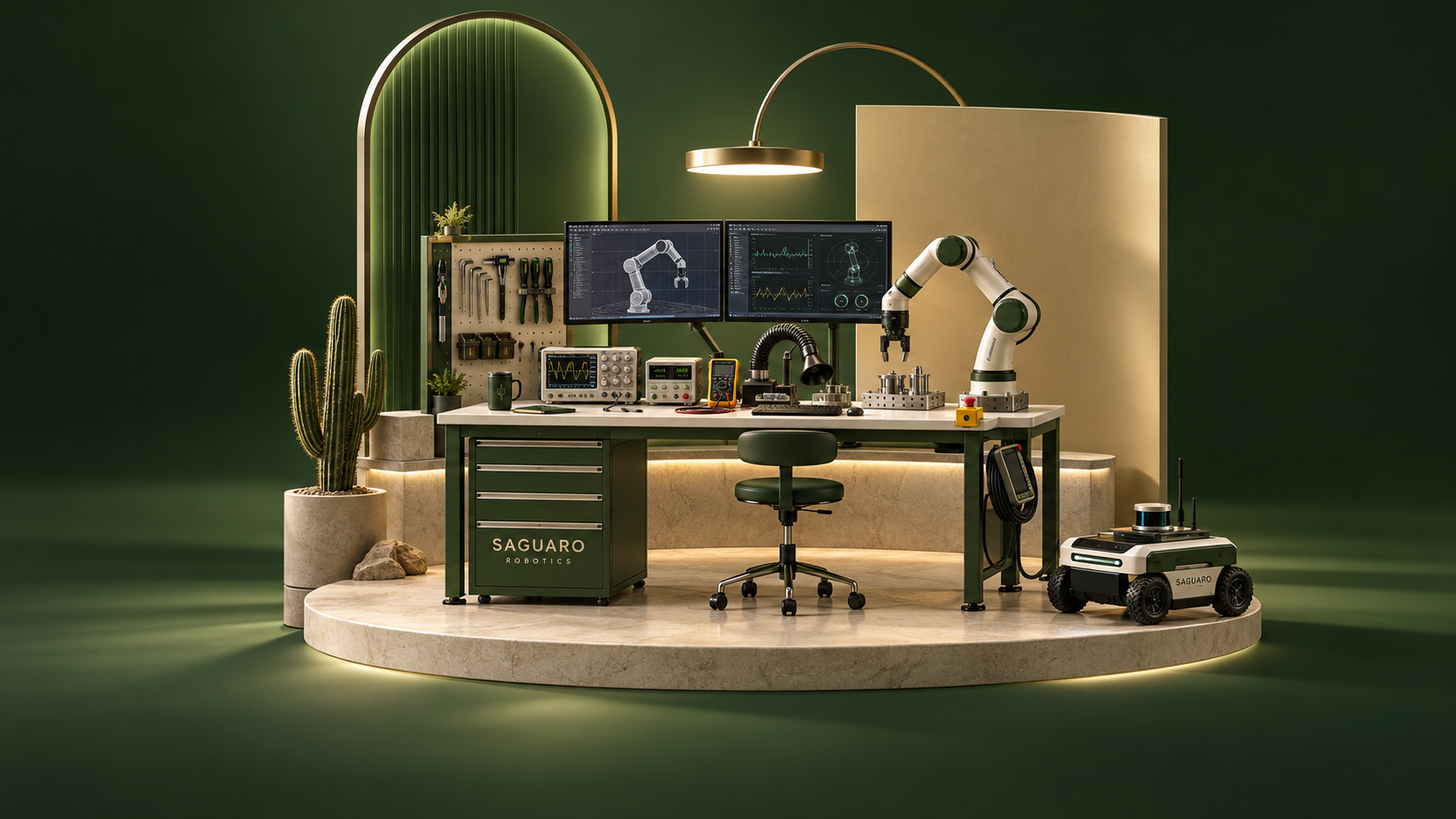 Saguaro's illustrated workspace in forest green and warm stone, with a cactus, engineering desk, and robotics equipment